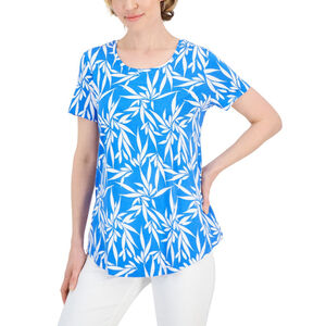 JM Collection Women's Size Small Blue & White Leaves Print Scoop-Neck Top NWT